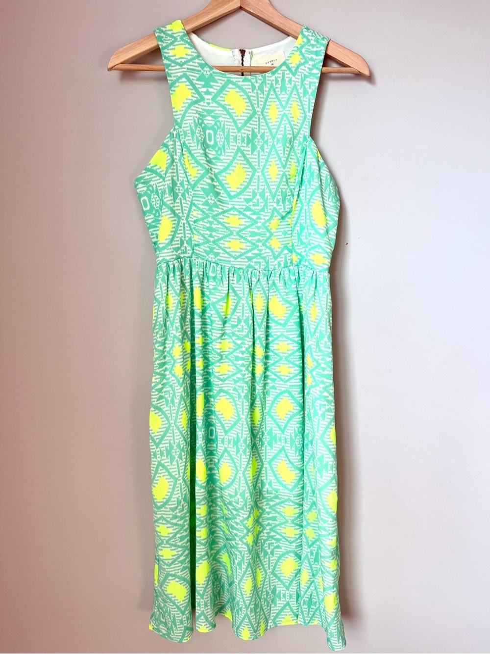Sleeveless Mint & Neon Yellow Geometric Patterned Tropical Tribal Sundress